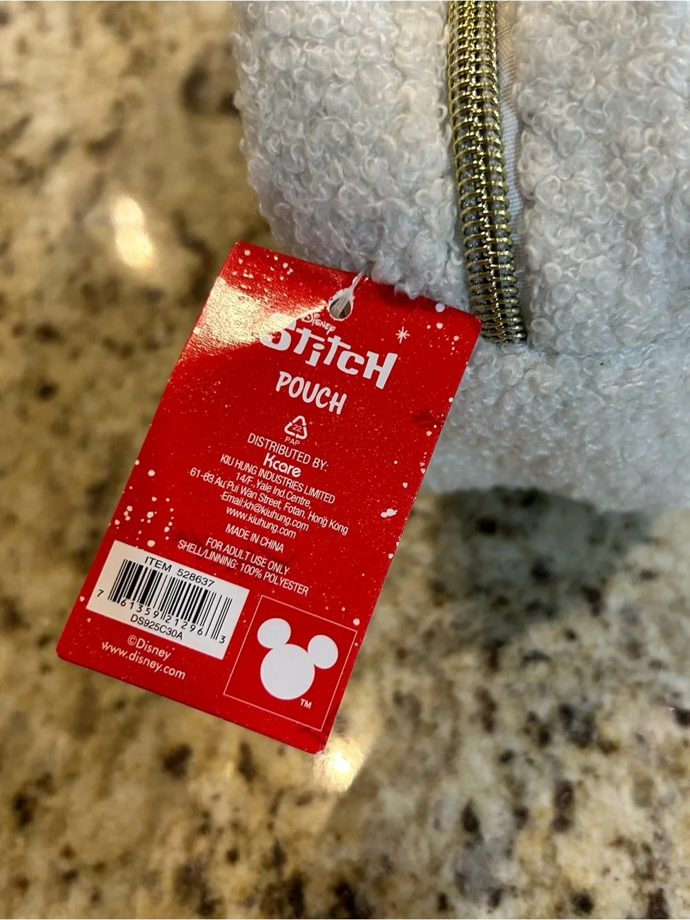 Disney White Sherpa NWT zippered Pouch with Pink & Blue Lilo & Stitch Patch.